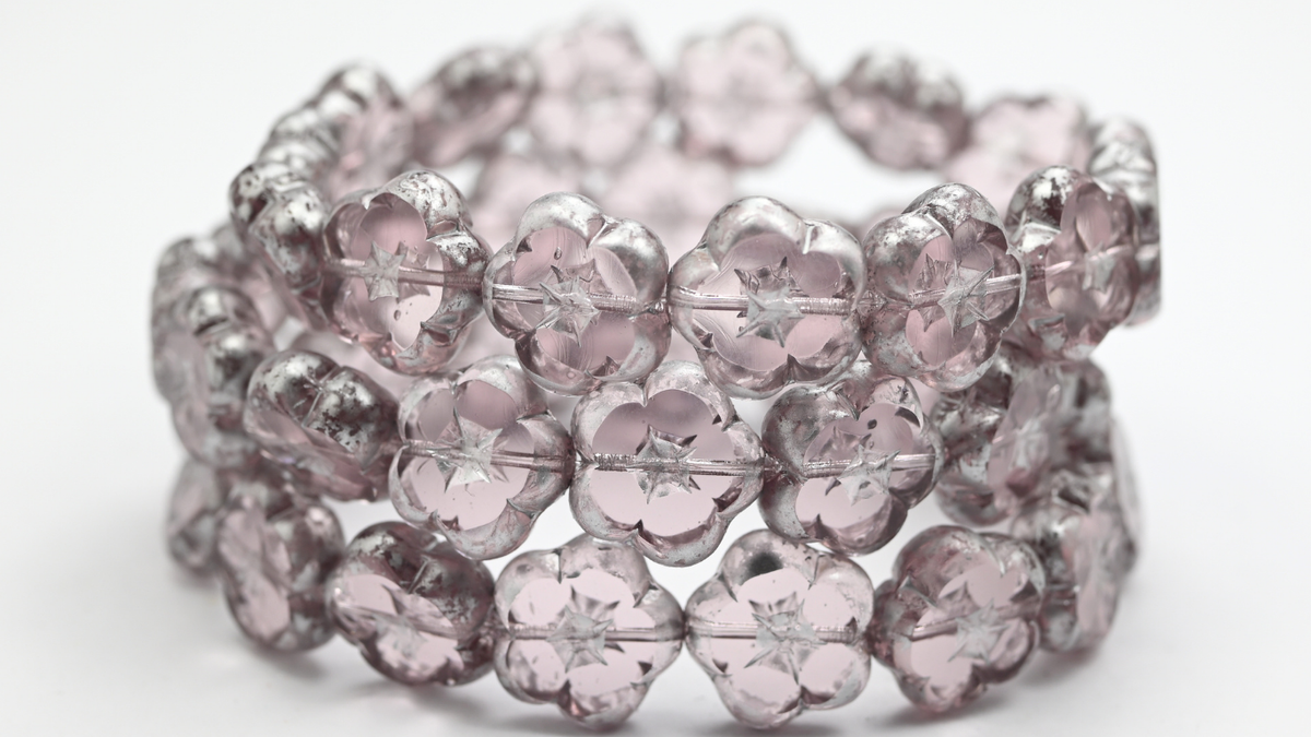 Table Cut Flower Beads, Transparent Light Amethyst Silver Splash (20020-86700), Glass, Czech Republic ~ STRANDED