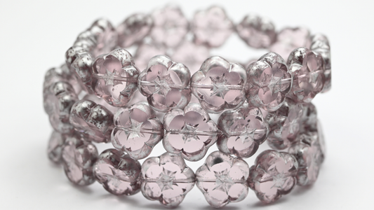 Table Cut Flower Beads, Transparent Light Amethyst Silver Splash (20020-86700), Glass, Czech Republic ~ STRANDED