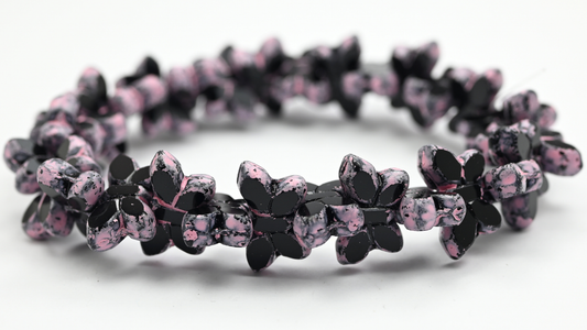 Table Cut Butterfly Beads, Black Warm Purple Spotted (23980-33304), Glass, Czech Republic ~ STRANDED