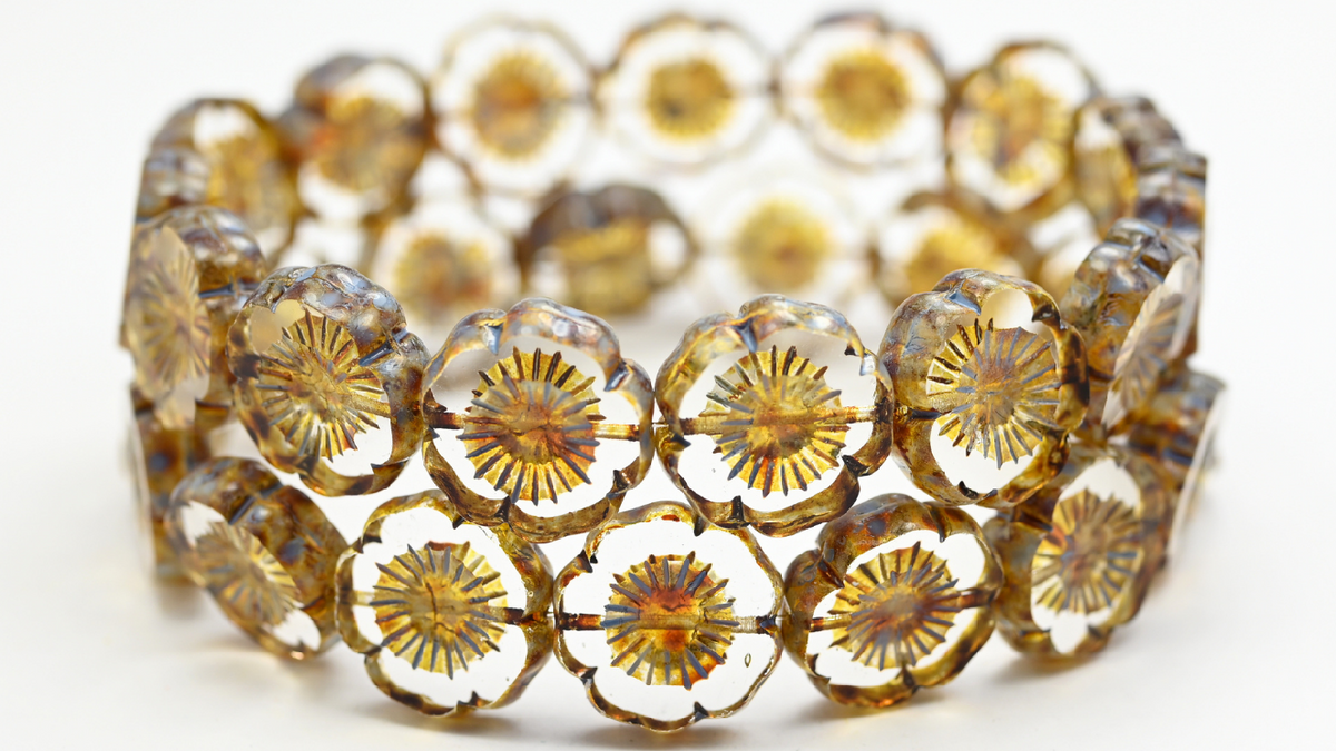 Table Cut Round Beads Hawaii Flowers, Crystal Travertin Blue Spotted (00030-86-33308), Glass, Czech Republic ~ STRANDED
