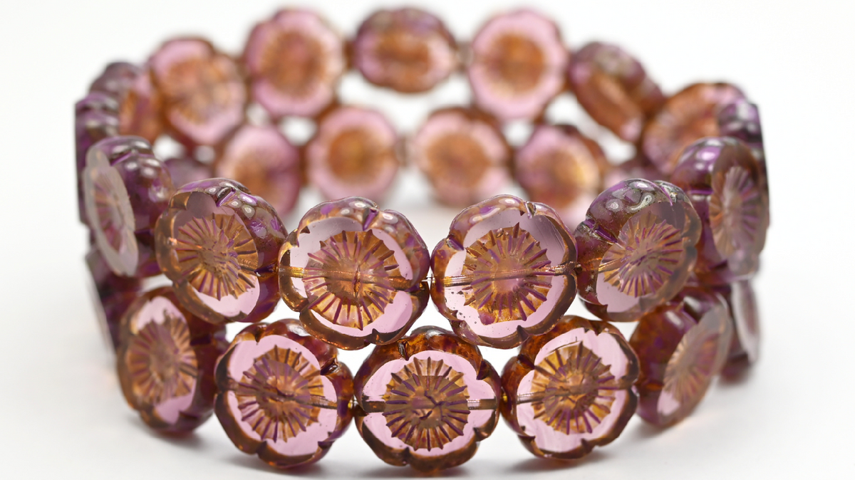 Table Cut Round Beads Hawaii Flowers, Transparent Light Amethyst Travertin Pink Spotted (2004002-86-33306), Glass, Czech Republic ~ STRANDED