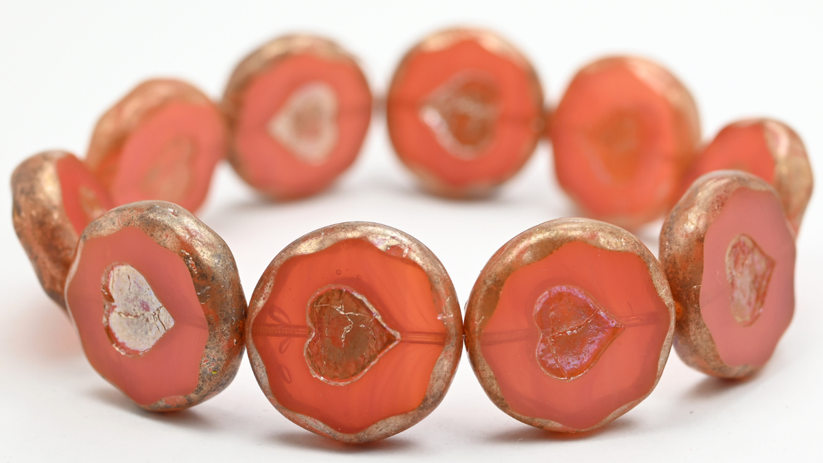 Table Cut Round Beads With Heart, Opal Pink Picasso (71010-43400), Glass, Czech Republic ~ STRANDED