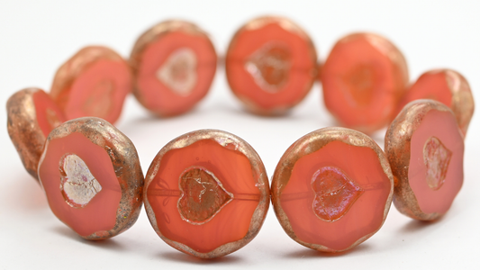 Table Cut Round Beads With Heart, Opal Pink Picasso (71010-43400), Glass, Czech Republic ~ STRANDED