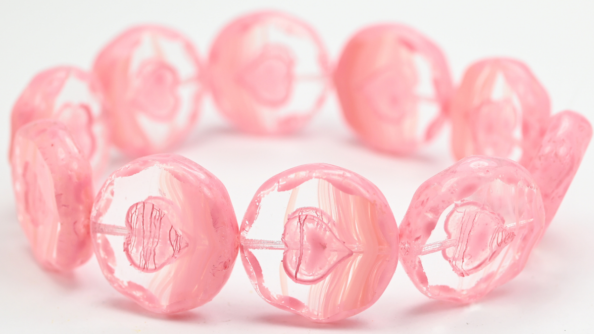 Table Cut Round Beads With Heart, Opaque Pink 43608Lava (76028-43608LAVA), Glass, Czech Republic ~ STRANDED