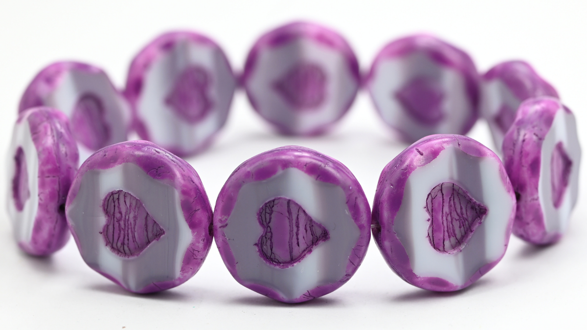 Table Cut Round Beads With Heart, Pink Pink Spotted (07724-33306), Glass, Czech Republic ~ STRANDED