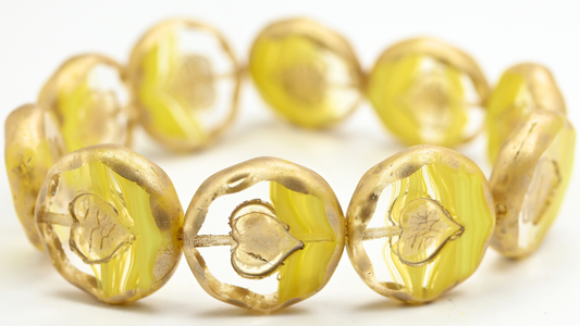 Table Cut Round Beads With Heart, Crystal Yellow Gold Splash (86018-86710), Glass, Czech Republic ~ STRANDED