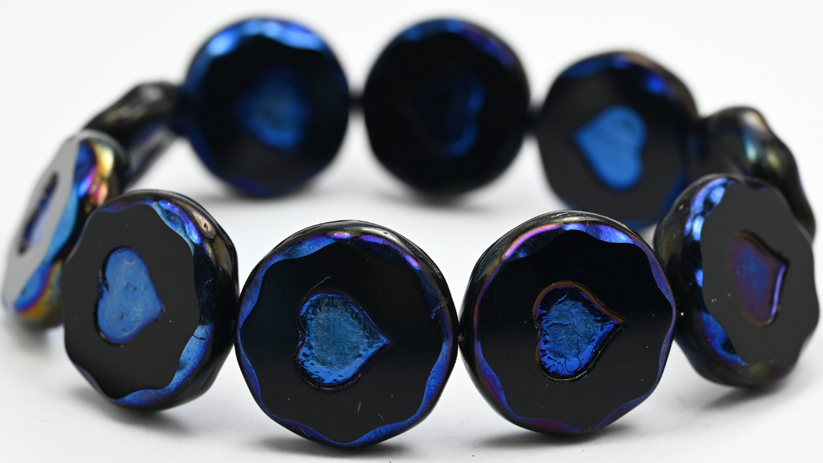 Table Cut Round Beads With Heart, Black 22201 2X (23980-22201-2X), Glass, Czech Republic ~ STRANDED