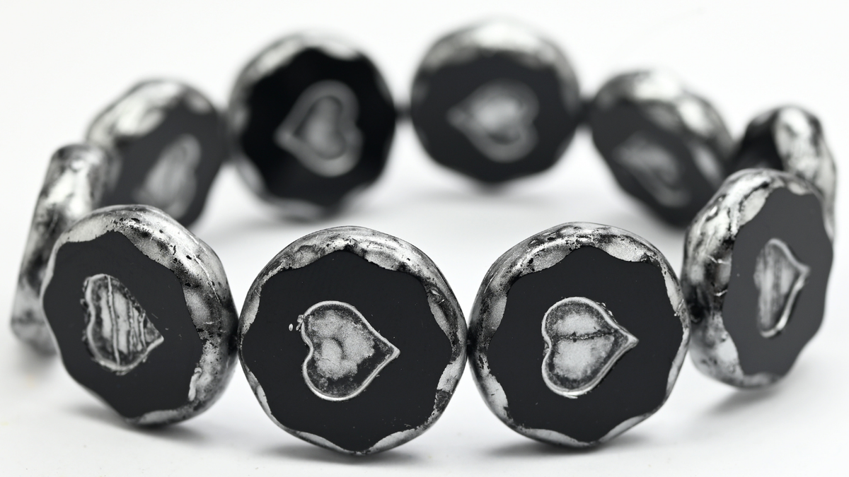Table Cut Round Beads With Heart, Black Silver Splash (23980-86700), Glass, Czech Republic ~ STRANDED