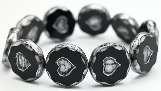 Table Cut Round Beads With Heart, Black Silver Splash (23980-86700), Glass, Czech Republic ~ STRANDED
