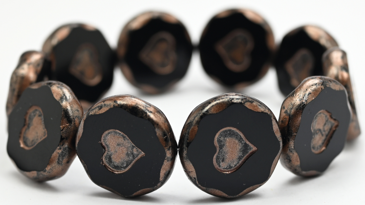Table Cut Round Beads With Heart, Black Copper Splash (23980-86750), Glass, Czech Republic ~ STRANDED