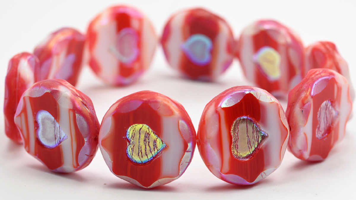 Table Cut Round Beads With Heart, Coral Ab 2X (07913-AB-2X), Glass, Czech Republic ~ STRANDED