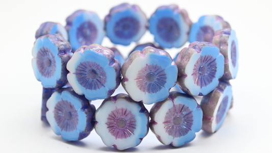 Table Cut Round Beads Hawaii Flowers, Blue White Luster Lila (07624-14494), Glass, Czech Republic ~ STRANDED