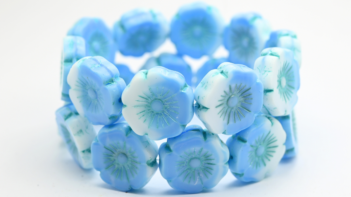 Table Cut Round Beads Hawaii Flowers, Blue White Blue Lined (07624-54323), Glass, Czech Republic ~ STRANDED