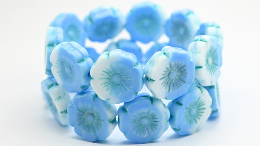 Table Cut Round Beads Hawaii Flowers, Blue White Blue Lined (07624-54323), Glass, Czech Republic ~ STRANDED