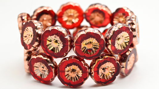 Table Cut Round Beads Hawaii Flowers, Mixed Colors Ruby Rose Gold Capri 2X (MIX-RUBY-27101-2X), Glass, Czech Republic ~ STRANDED
