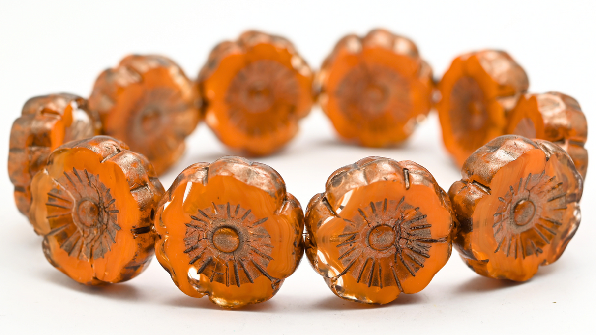 Table Cut Hawaii Flower Beads, Crystal Red Lined Copper Splash (96018-86750), Glass, Czech Republic ~ STRANDED