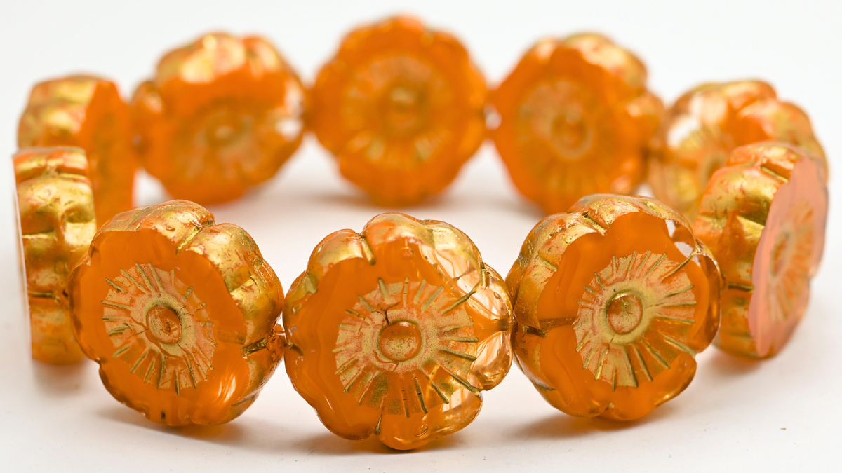 Table Cut Hawaii Flower Beads, Crystal Red Lined Gold Splash (96018-86720), Glass, Czech Republic ~ STRANDED