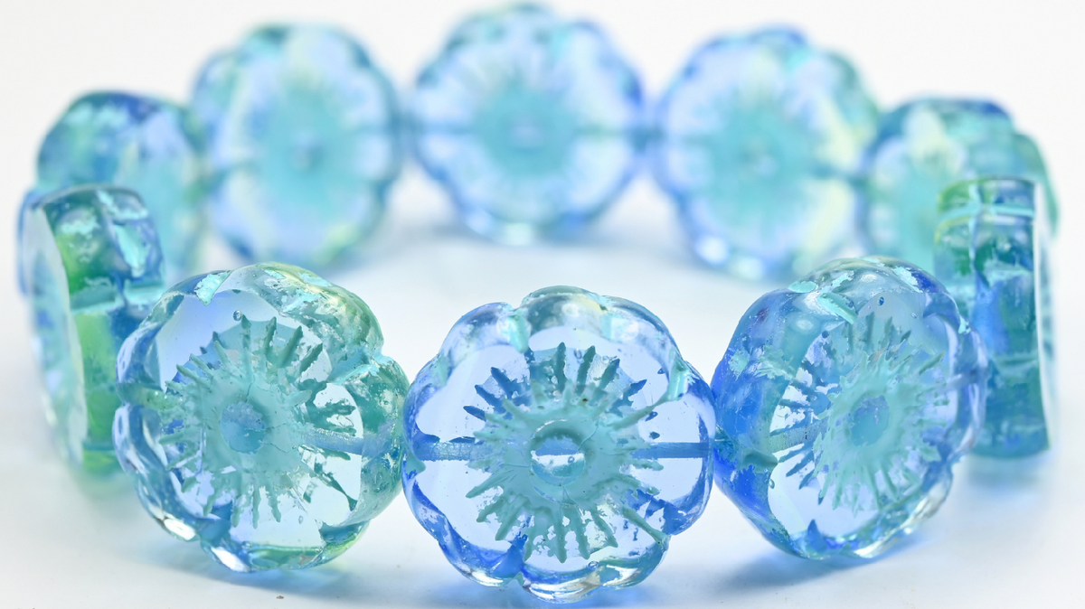 Table Cut Round Beads Hawaii Flowers, Mix Yellow Blue Light Blue Lined (87301-54308), Glass, Czech Republic ~ STRANDED