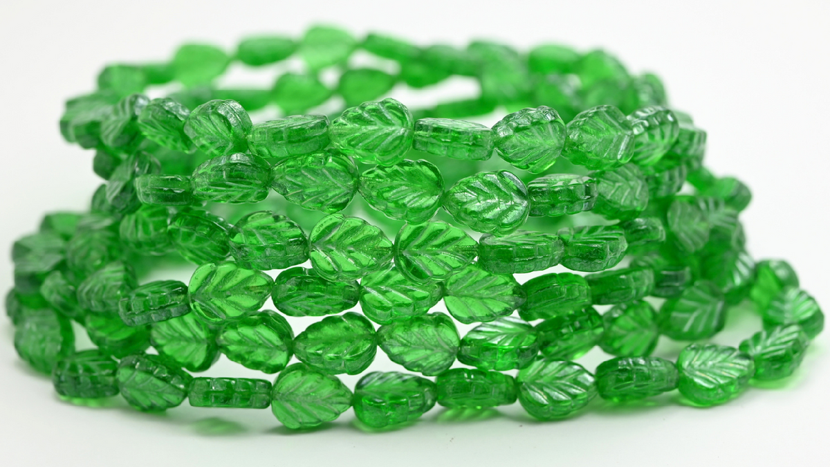 Mint Leaf Beads, Emerald Green Hematite (108-50120-14400), Glass, Czech Republic ~ STRANDED