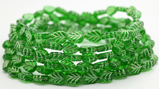 Mint Leaf Beads, Emerald Green Beige Lined (108-50120-54311), Glass, Czech Republic ~ STRANDED