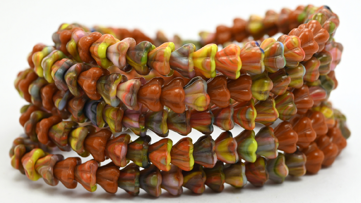 Bell Flower Beads, Mixed Colors Color (86-MIX-COLOR), Glass, Czech Republic ~ STRANDED