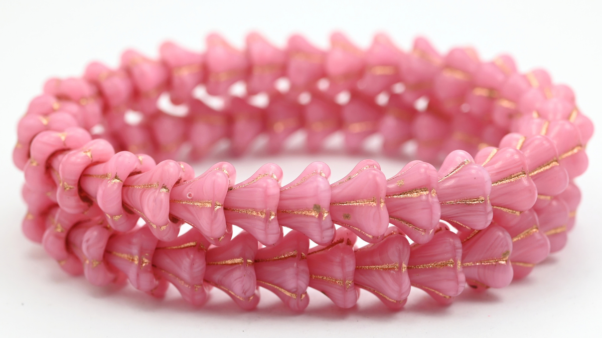 Bell Flower Beads, Opaque Pink Copper Lined (1113-76016-54200), Glass, Czech Republic ~ STRANDED