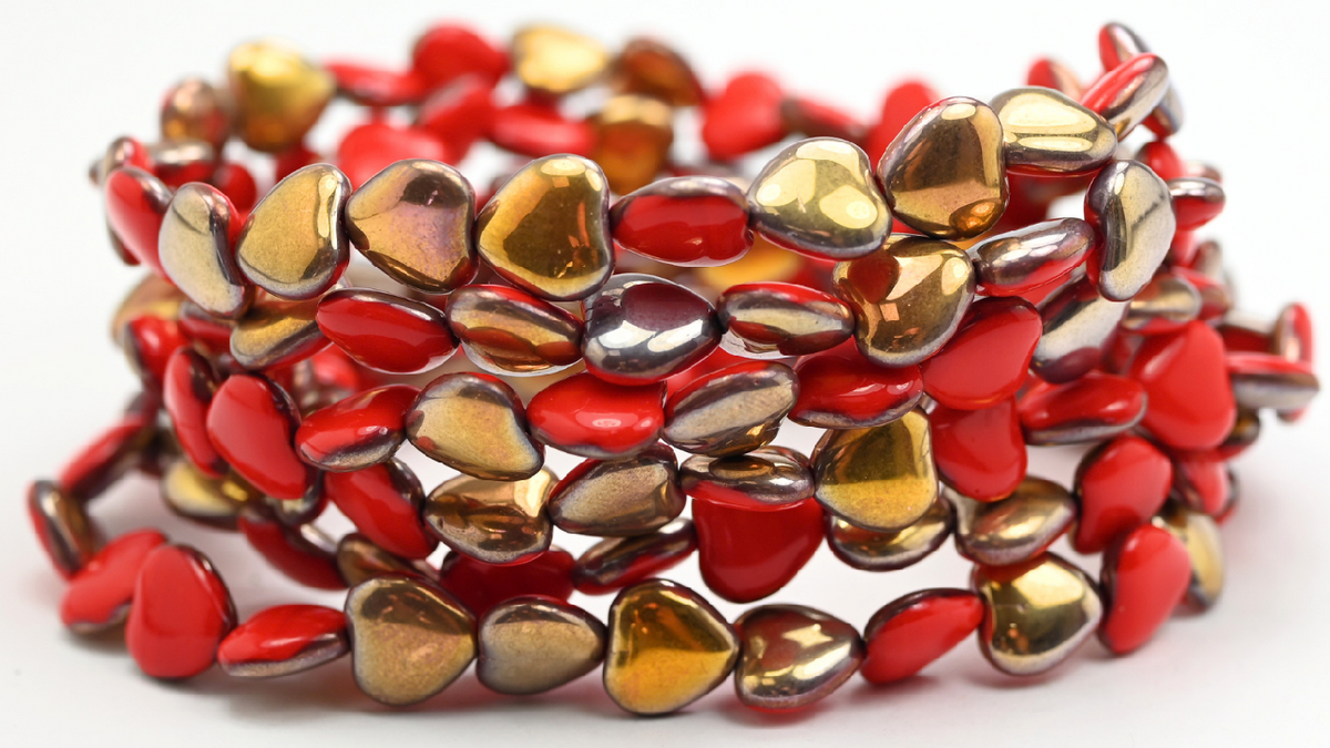 Heart Beads, Opaque Red Rose Gold Capri (10-93200-27101), Glass, Czech Republic ~ STRANDED