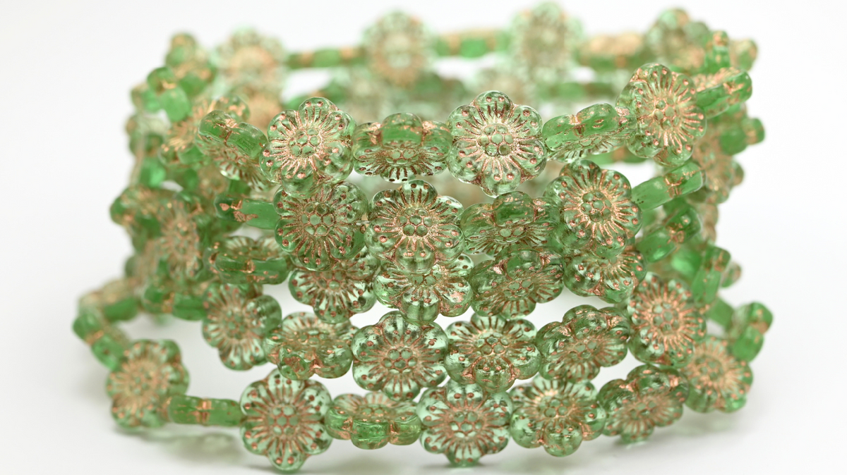 Flower Pressed Glass Beads, Transparent Green Copper Lined (14-50800-54200), Glass, Czech Republic ~ STRANDED