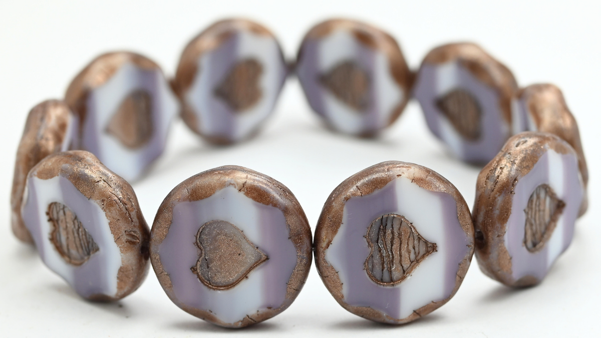Table Cut Round Beads With Heart, Mixed White Lavender Copper Splash (07224-86750), Glass, Czech Republic ~ STRANDED