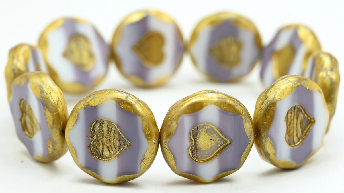 Table Cut Round Beads With Heart, Mixed White Lavender Gold Splash (07224-86720), Glass, Czech Republic ~ STRANDED
