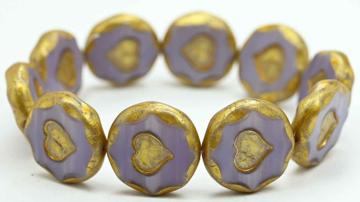 Table Cut Round Beads With Heart, Silky Lavender Gold Splash (21350-86720), Glass, Czech Republic ~ STRANDED