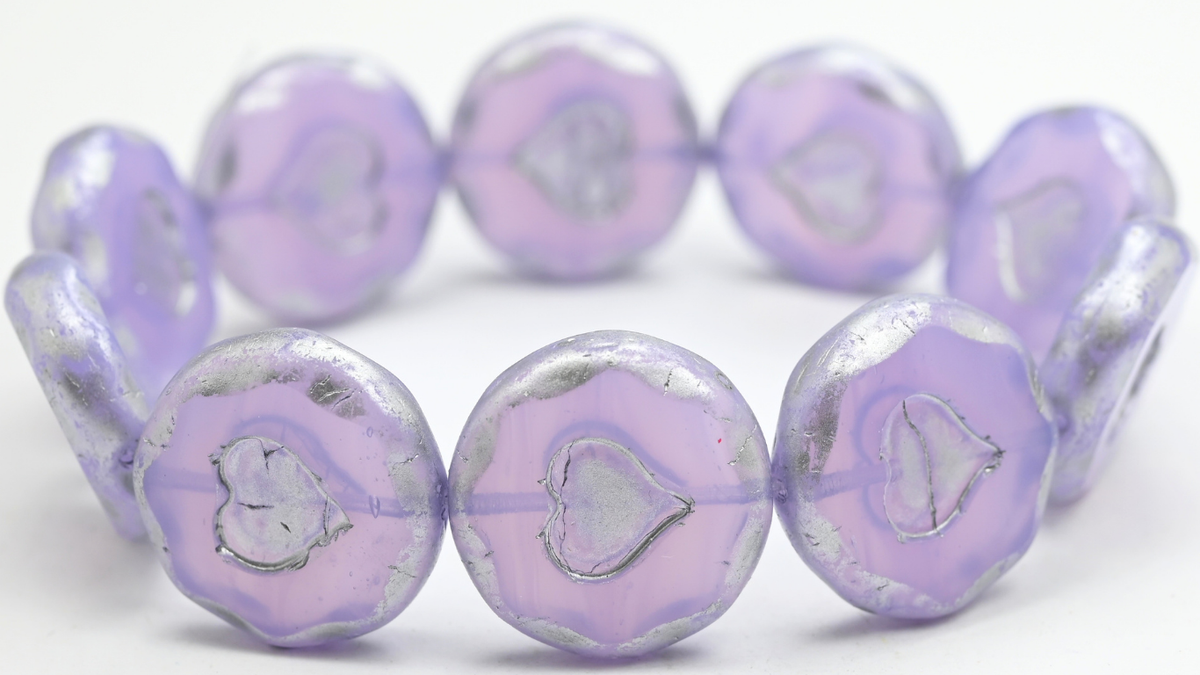 Table Cut Round Beads With Heart, Opal Amethyst Silver Splash (21310-86700), Glass, Czech Republic ~ STRANDED