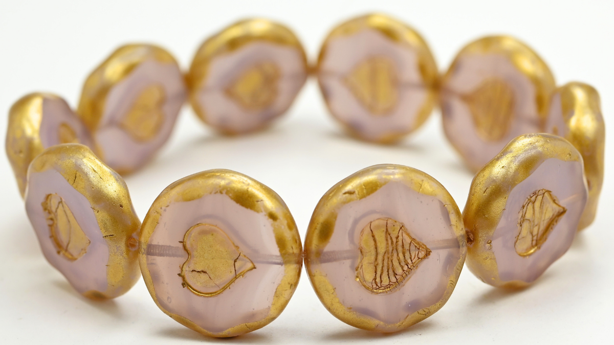 Table Cut Round Beads With Heart, Opal Amethyst Gold Splash (21310-86720), Glass, Czech Republic ~ STRANDED