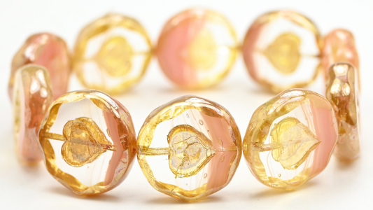 Table Cut Round Beads With Heart, Opaque Pink Rembrandt Travertin (76018-43500), Glass, Czech Republic ~ STRANDED