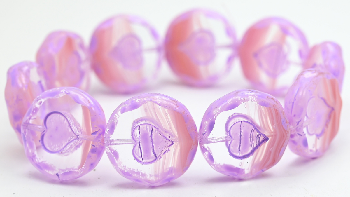 Table Cut Round Beads With Heart, Opaque Pink Cold Purple Spotted (76018-33305), Glass, Czech Republic ~ STRANDED