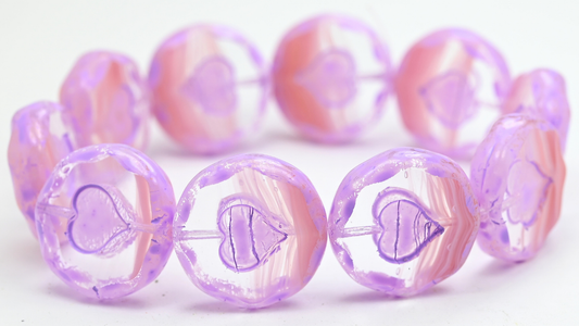 Table Cut Round Beads With Heart, Opaque Pink Cold Purple Spotted (76018-33305), Glass, Czech Republic ~ STRANDED