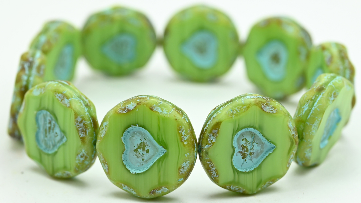 Table Cut Round Beads With Heart, 56006 Travertin Light Blue Lined (56006-86-54308), Glass, Czech Republic ~ STRANDED