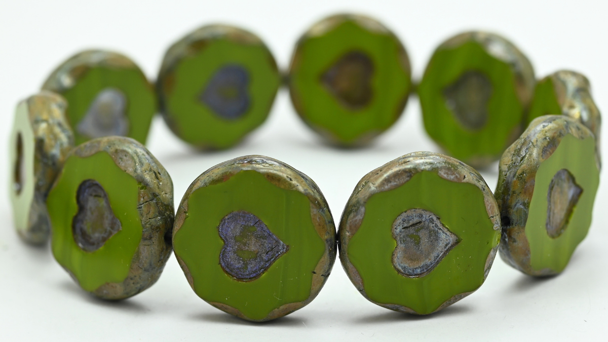 Table Cut Round Beads With Heart, Green Picasso (53420B-43400), Glass, Czech Republic ~ STRANDED
