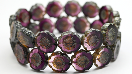 Table Cut Hawaii Flower Beads, Transparent Light Amethyst Travertin Beige Spotted (2002008-86-33312), Glass, Czech Republic ~ STRANDED