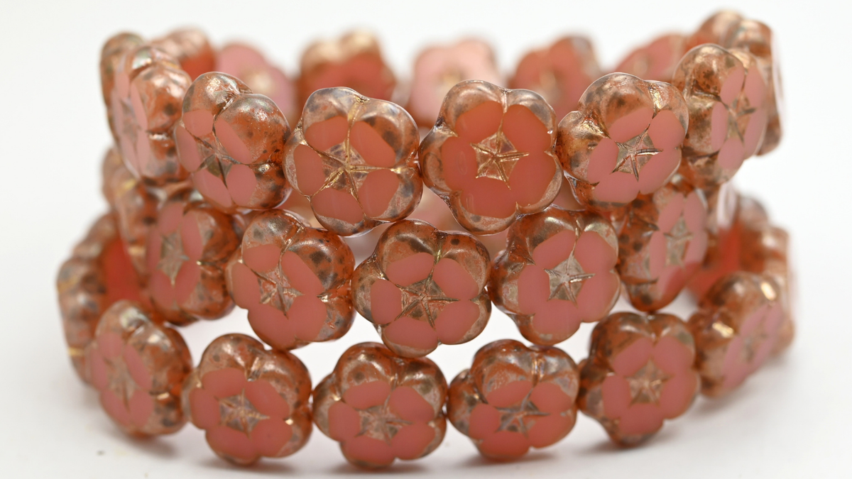 Table Cut Flower Beads, Opal Pink Rembrandt Travertin (72010-43500), Glass, Czech Republic ~ STRANDED
