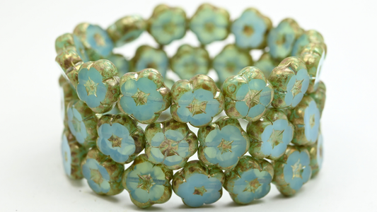Table Cut Flower Beads, Opal Aqua Rembrandt Travertin (61000-43500), Glass, Czech Republic ~ STRANDED