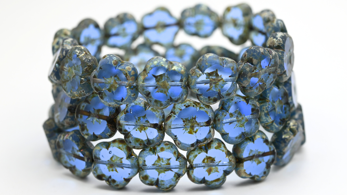 Table Cut Flower Beads, Transparent Blue Travertin Picasso (30040-86-43400), Glass, Czech Republic ~ STRANDED