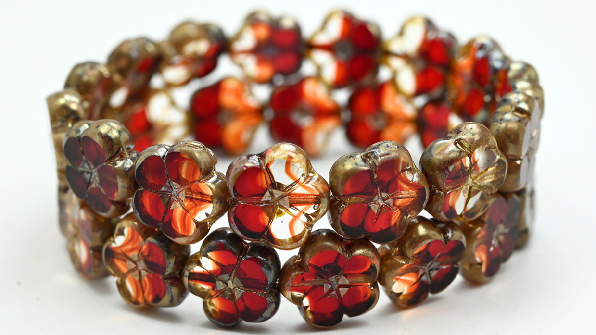 Table Cut Flower Beads, Orange Rembrandt Travertin (96028-43500), Glass, Czech Republic ~ STRANDED