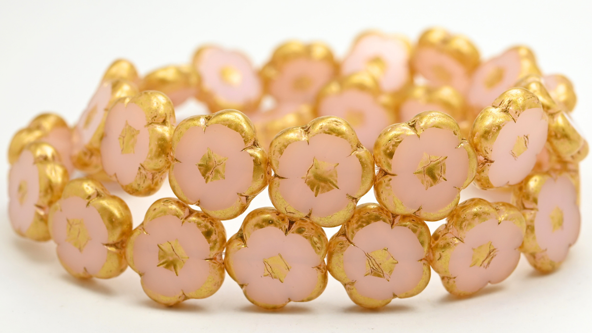 Table Cut Flower Beads, Opal Pink Gold Splash (72200-86720), Glass, Czech Republic ~ STRANDED