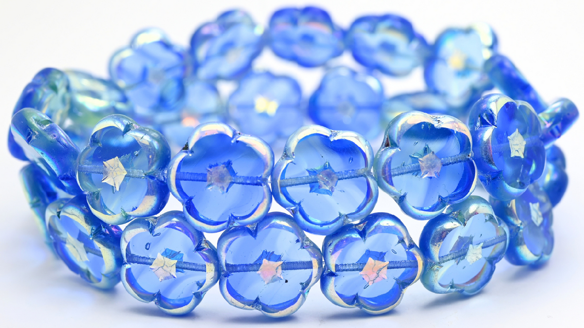 Table Cut Flower Beads, Mix Yellow Blue Ab 2X Bubble (87301-AB-2X-BUBBLE), Glass, Czech Republic ~ STRANDED