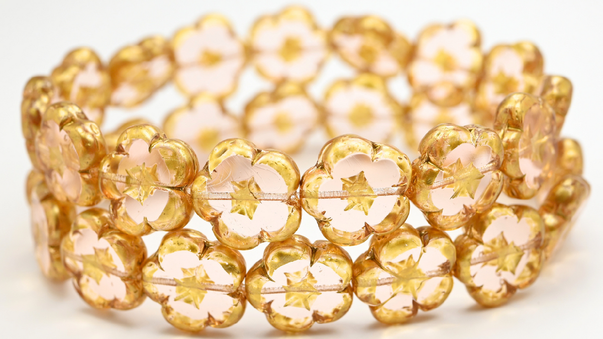Table Cut Flower Beads, Transparent Pink Gold Splash (70100-86720), Glass, Czech Republic ~ STRANDED