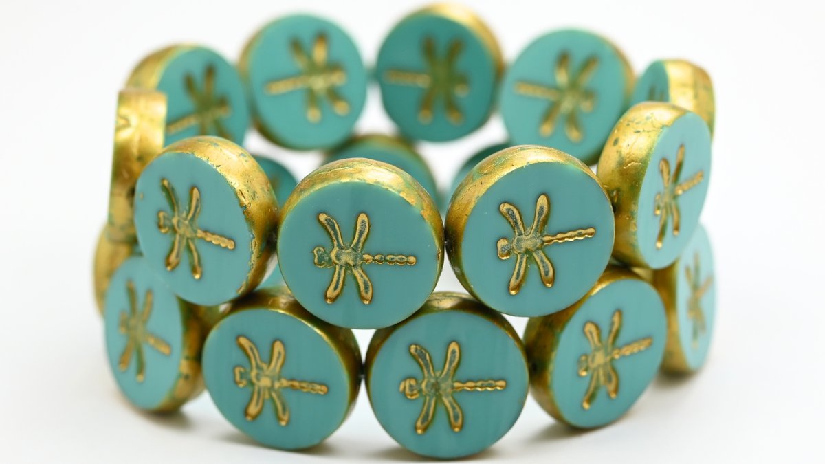 Table Cut Round Beads With Dragonfly, Turquoise Gold Splash (63130-86720), Glass, Czech Republic ~ STRANDED