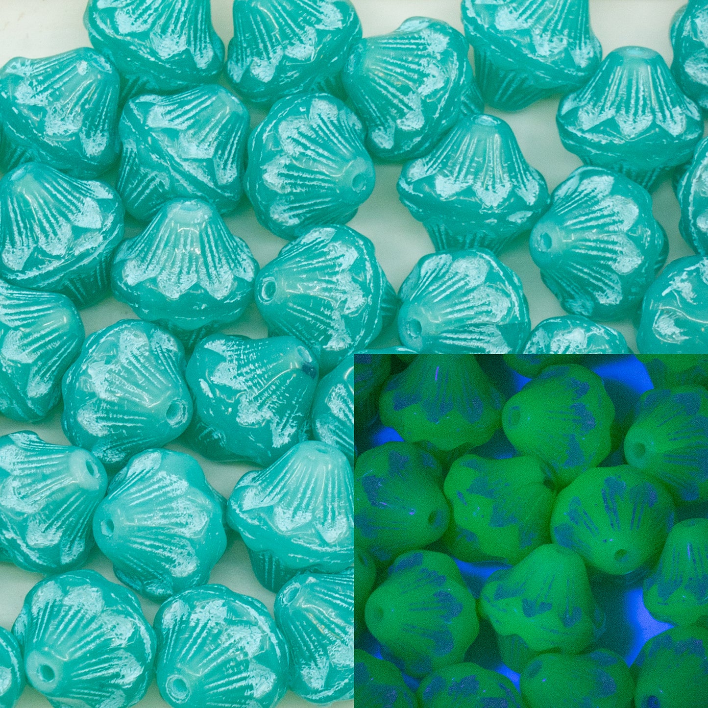 OUTLET 10克灯笼压制玻璃珠，11 x 11毫米，蛋白石绿浅蓝色内衬（52020-54308），玻璃，捷克共和国