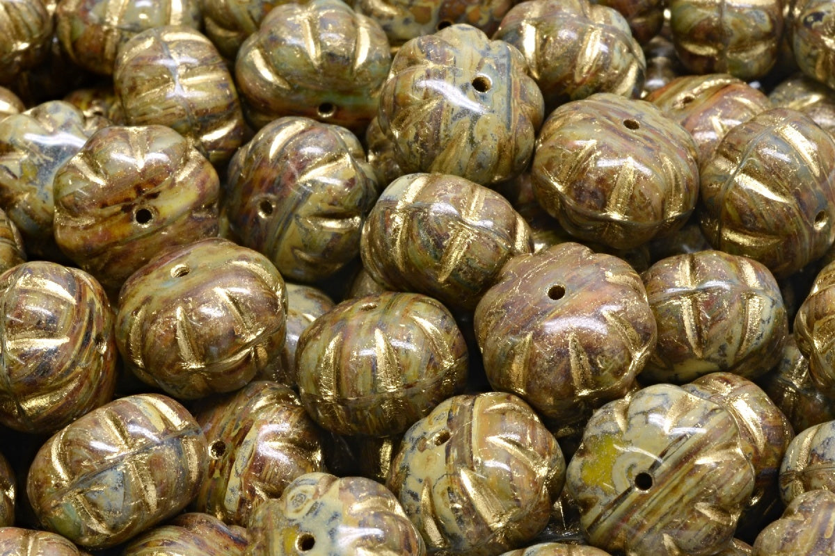Pumpkin Beads, Mixed Colors Travertin Gold Lined (mix-86800-54302), Glass, Czech Republic