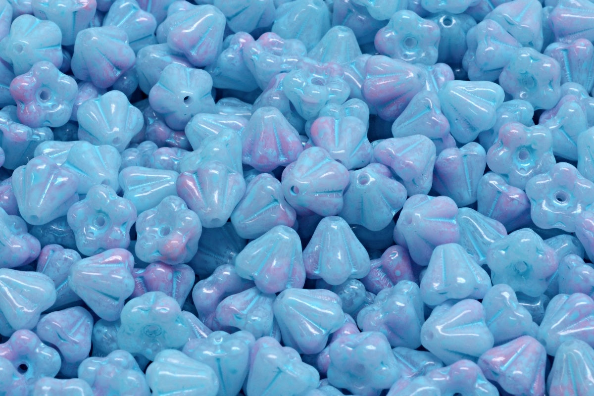 OUTLET 10 grams Bell Flower Beads, 4 x 6 mm, Pink D Turqouise Spotted (07724-D-33309), Glass, Czech Republic